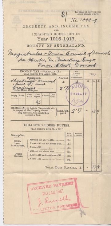 Income tax assessment for grazings and shootings, 1916-17