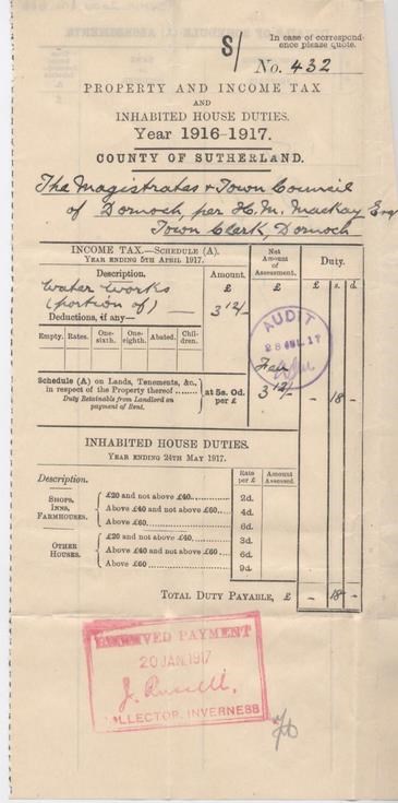 Income tax assessment for waterworks, 1916-17