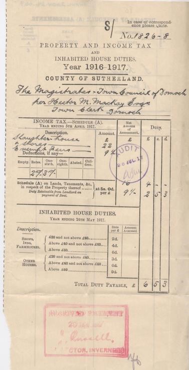 Income tax assessment for slaughterhouse, 1916-17