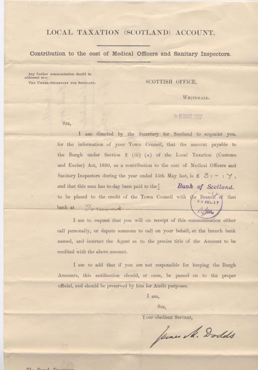 Remittance of contribution towards costs of medical officers 1917