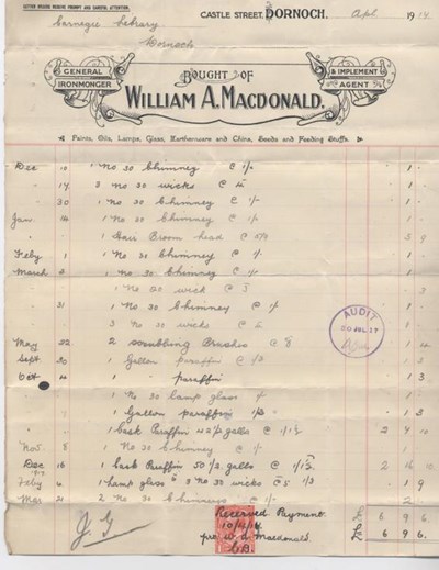 Bill for lamp chimneys etc. 1917