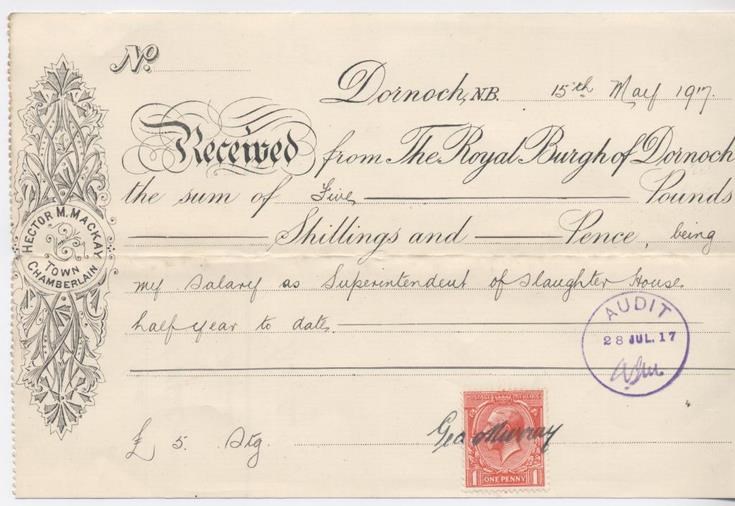 Receipt for slaughterhouse superintendent's salary 1917