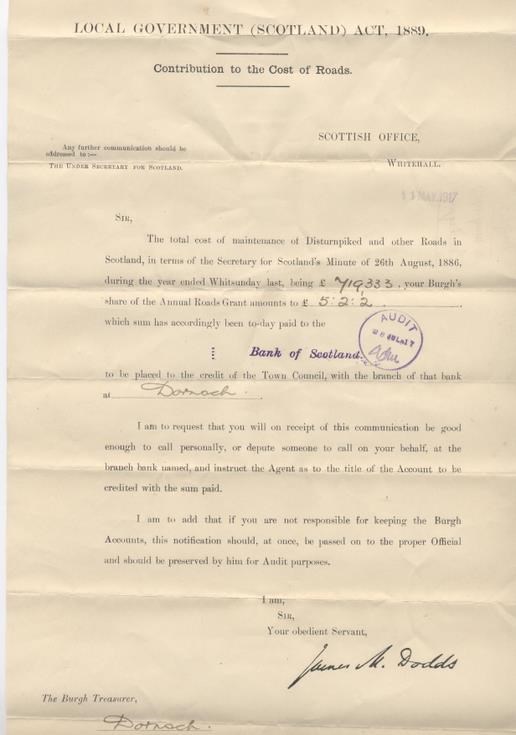 Remittance of contribution towards costs of roads, 1917