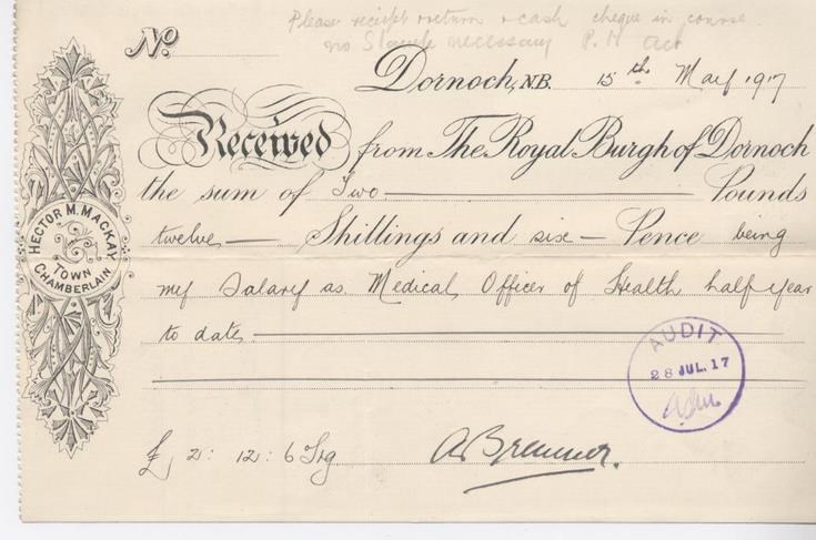 Receipt for Medical Officer of Health's salary, 1917