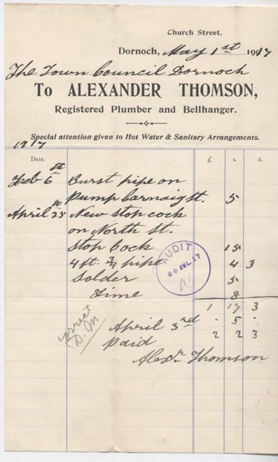 Bill for plumbing repairs 1917