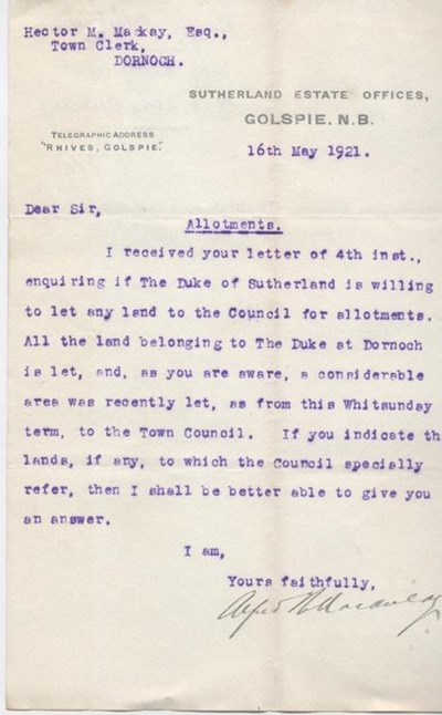 Letter re. land for allotments 1921