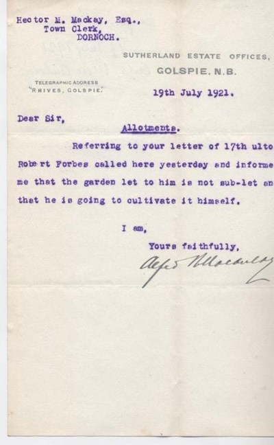 Letter from Sutherland estate re. allotments 1921