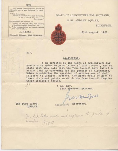 Letter from Board of Agriculture re. allotments 1921