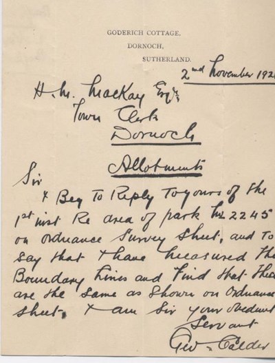 Letter from George Calder 1921