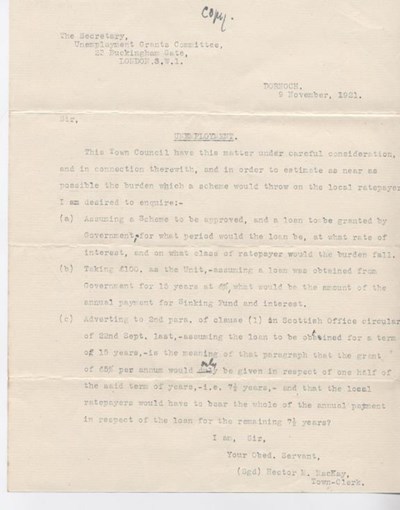 Letter re. unemployment grants 1921