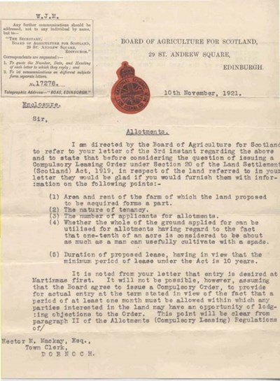 Letter from Board of Agriculture re. allotments 1921