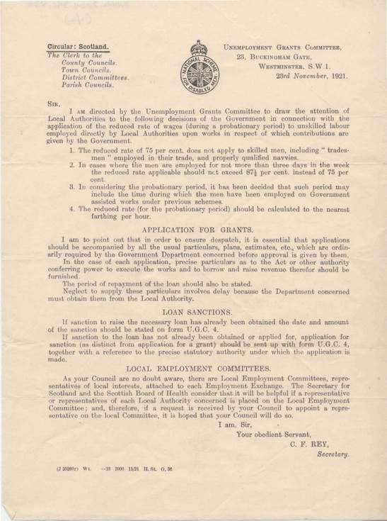 Letter re. unemployment grants 1921