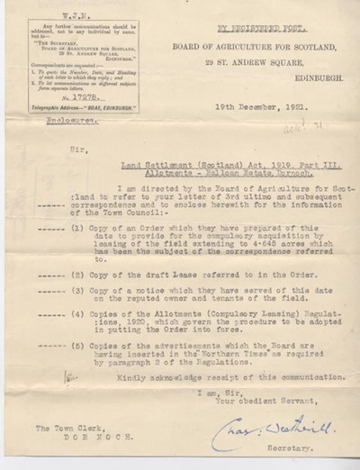 Letter re. allotments 1921