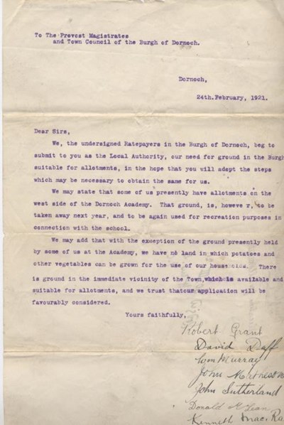 Letter requesting provision of allotments 1921