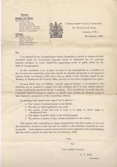 Letter from Unemployment Grants Committee 1922