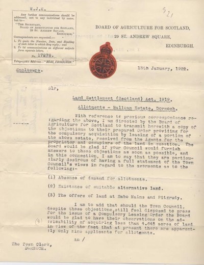 Letter from Board of Agriculture re. allotments 1922