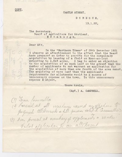 Objection to compulsory leasing of land for allotments 1922