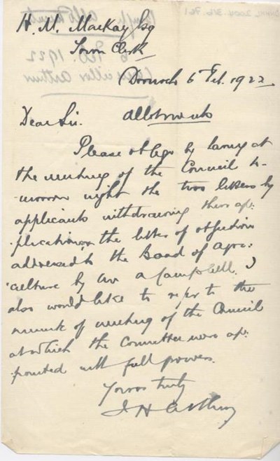 Letter from Councillor re. allotments 1922