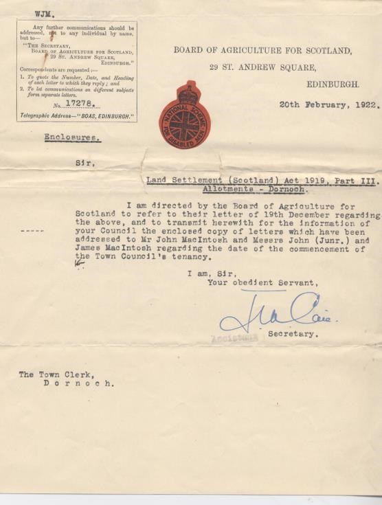 Letter from Board of Agriculture re. allotments 1922