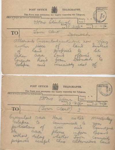 Telegram from Board of Agriculture re. allotments 1922
