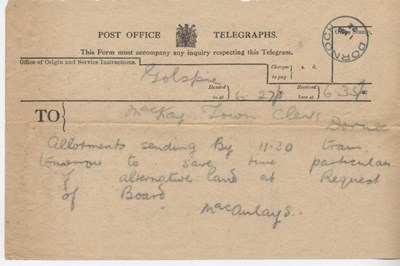 Telegram from Macaulays, Golspie re. allotments 1922