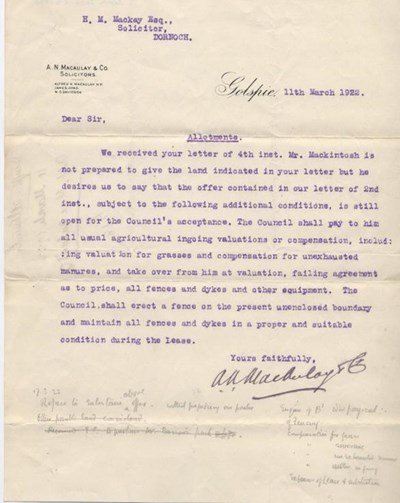 Letter from Macaulays, Golspie re. allotments 1922