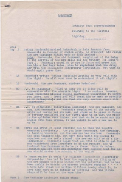 Paper relating to electric lighting at Badanloch ~ May to Aug 1921