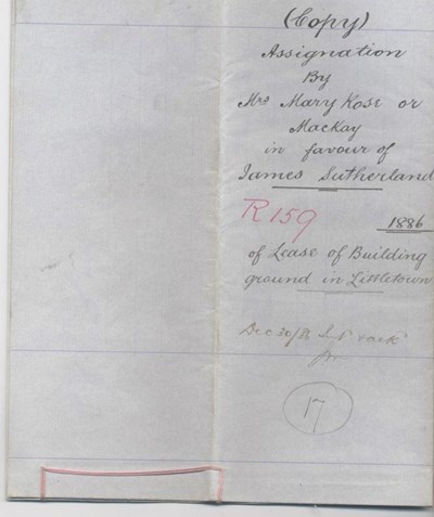 Assignation of lease to James Sutherland 1886