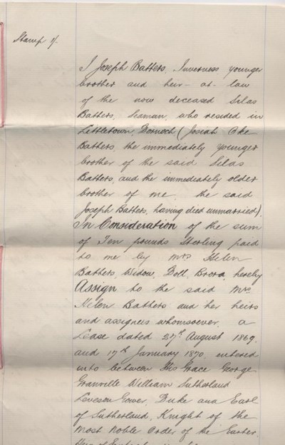 Assignation of lease to Helen Batters 1899