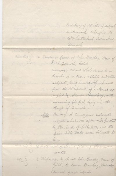 Inventory of writs belonging to William Sutherland 1886
