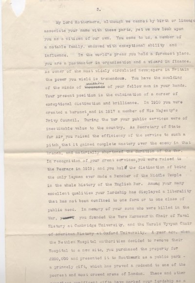 Address to Viscount Rothermere 1928