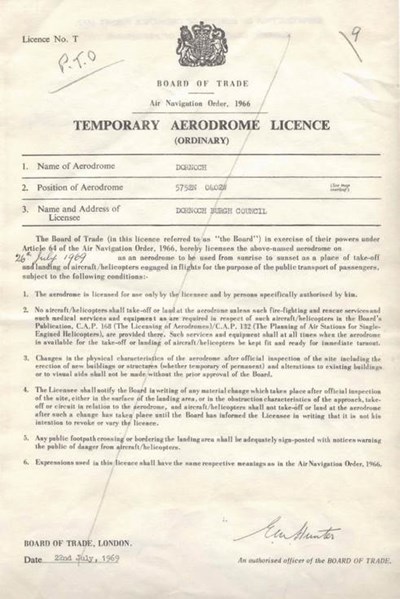 Temporary Aerodrome Licence 1969 Dornoch Airstrip