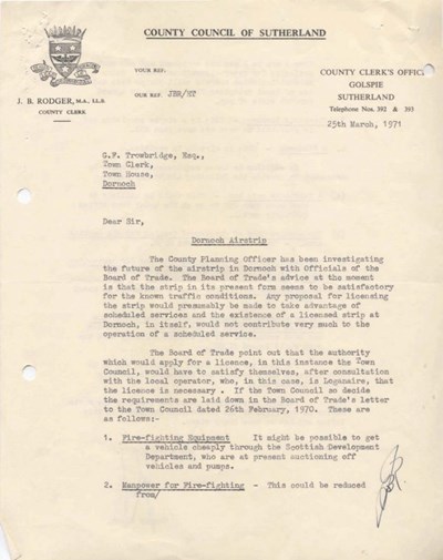 Correspondence operational issues Dornoch Airstrip 1971