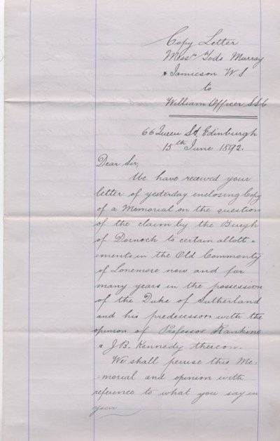Letter to William Officer from Tods Murray & Jamieson 1892