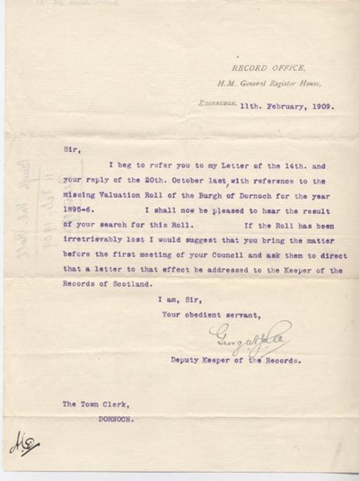 Letter re missing valuation roll 1909