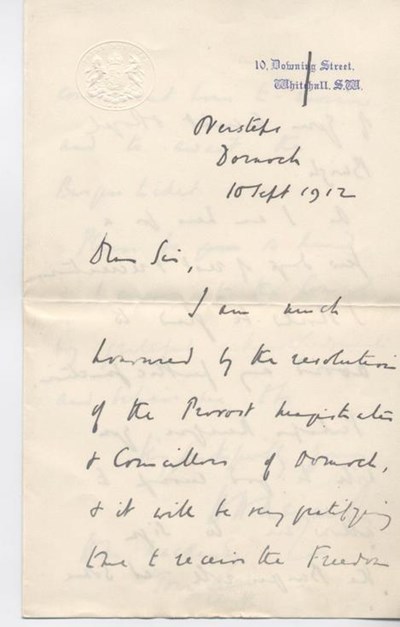 Letter from Prime Minister re freedom of burgh 1912