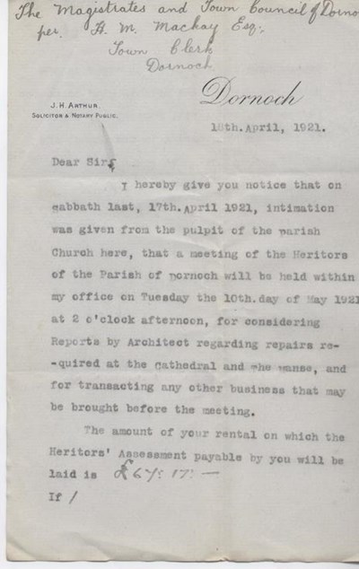 Letter re heritors' meeting 1921