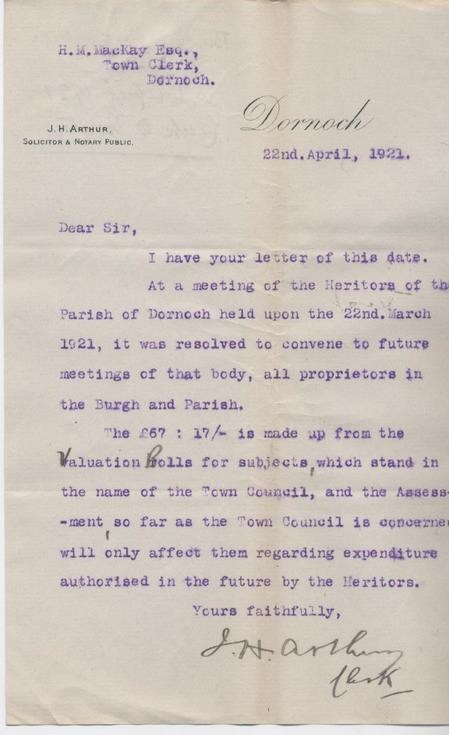 Letter re heritors' meeting 1921