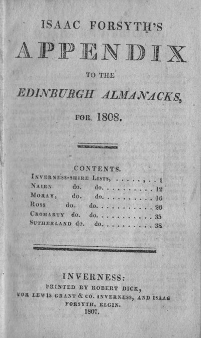  Edinburgh Almanack 1808 - Roads Sutherland