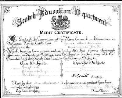 Merit certificate awarded to Jane Matheson