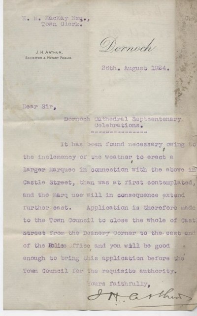 Letter re. Cathedral septcentenary celebrations 1924