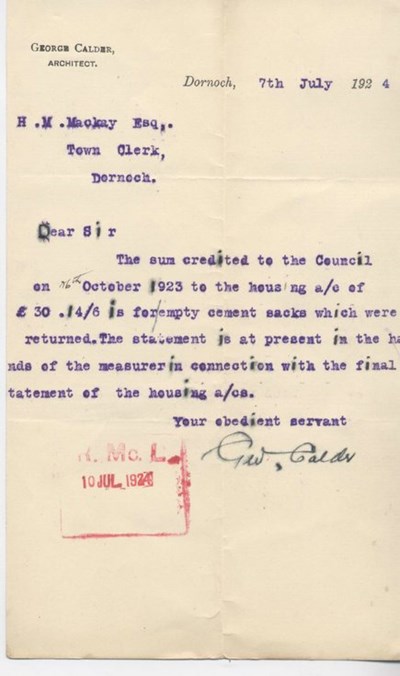Letter re. housing scheme 1924