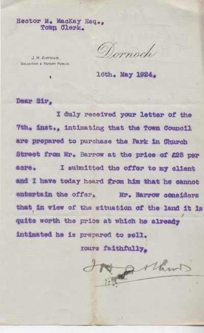 Letter re. offer to purchase land 1924
