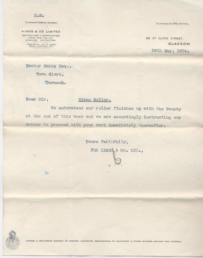 Letter re. road roller 1924