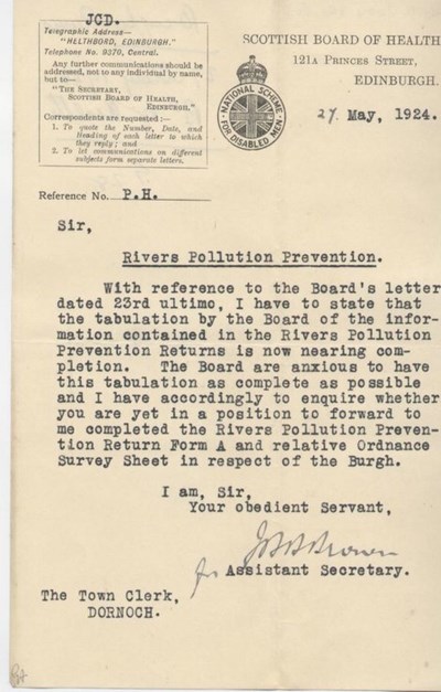 Letter re. river pollution prevention 1924