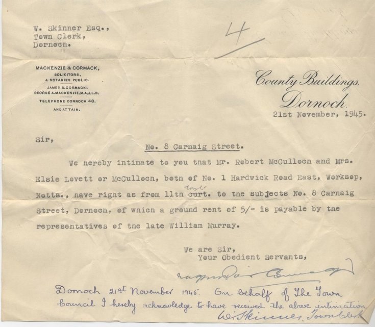 Change of ownership ~ 8 Carnaig Street 1945