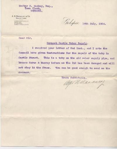 Letter re repairs to water pipe 1924