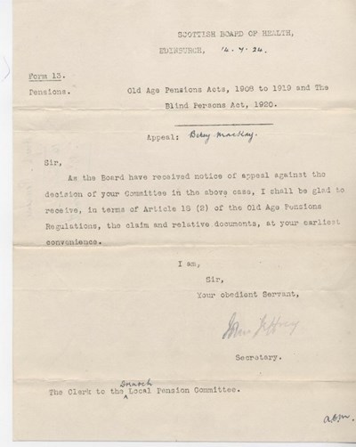 Letter re. pension 1924