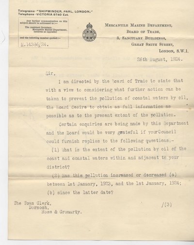Letter re. pollution of coastal waters 1924