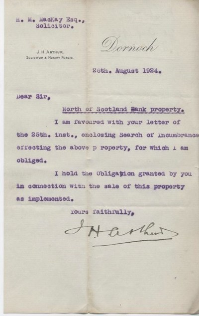 Letter re. North of Scotland Bank property 1924